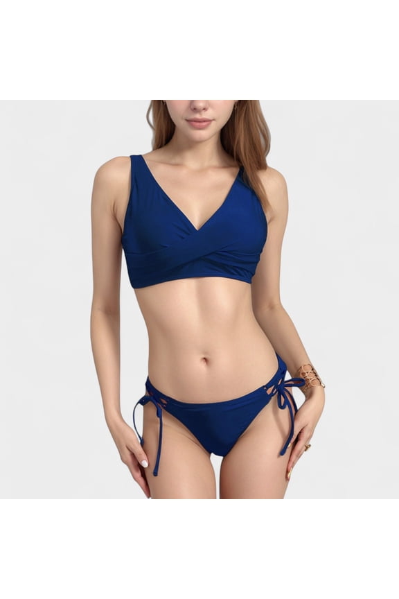 Women's Crisscross Front Bikini Top with V-Neckline and Wide Straps for a Sleek Supportive Fit - Medium, Navy