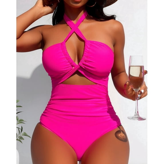 Women's Crisscross Halter One Piece Swimsuit, Tummy Control Cutout Bathing Suit with Backless Design, High Cut Monokini for Beach Vacation