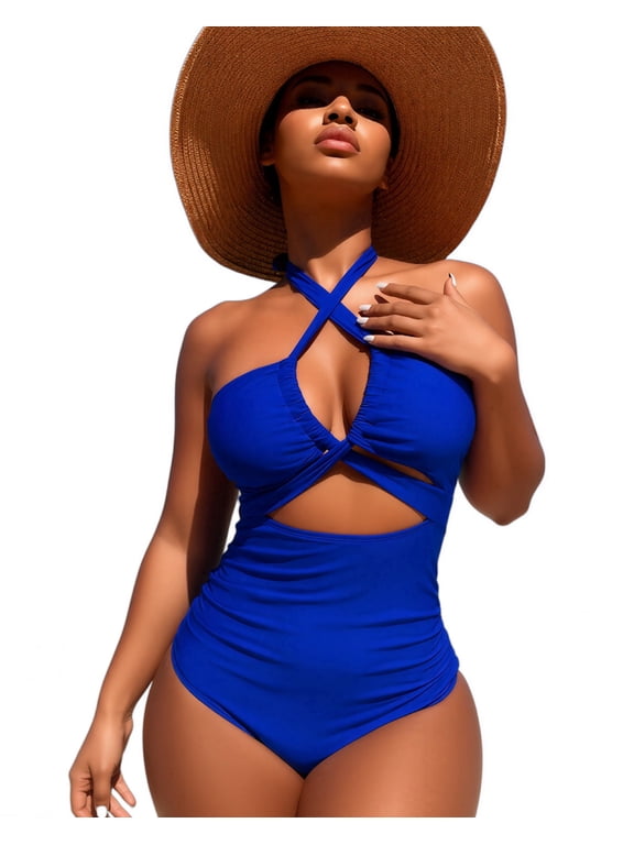 Women's Crisscross Halter One Piece Swimsuit, Tummy Control Cutout Bathing Suit with Backless Design, High Cut Monokini for Beach Vacation