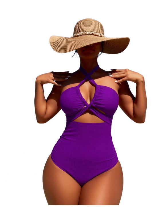 Women's Crisscross Halter One Piece Swimsuit, Tummy Control Cutout Bathing Suit with Backless Design, High Cut Monokini for Beach Vacation