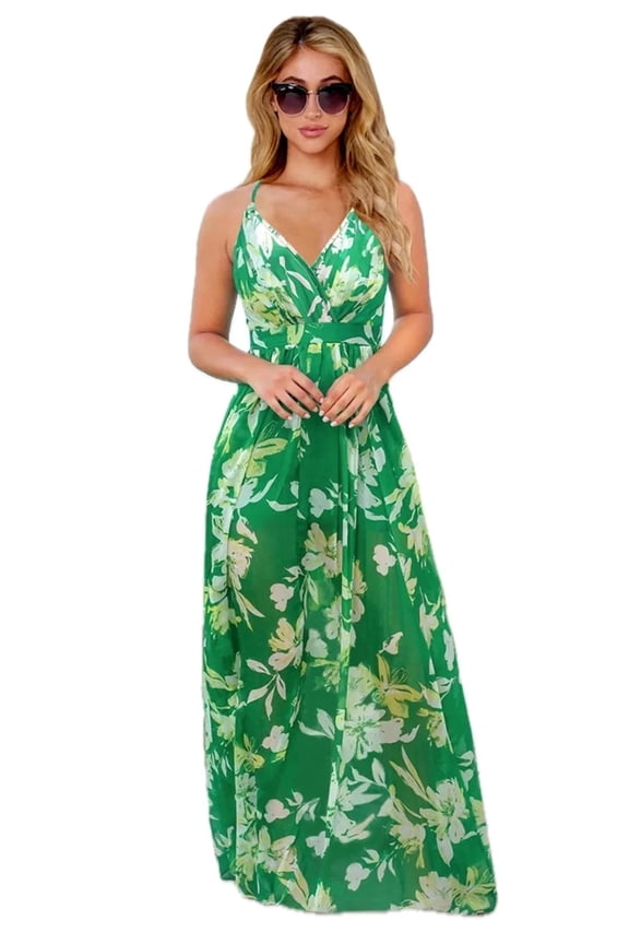 Women's Crisscross Printed Surplice Cami Dress with Sheer Detail and Opaque Stretch Body Fabric 100% Polyester