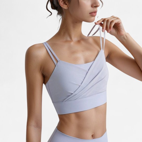 Women's Crisscross Sports Bra with Double Strap Design and Ruched Front Detail for Active Comfort - Large, Light Blue