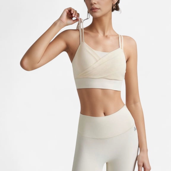 Women's Crisscross Sports Bra with Double Strap Design and Ruched Front Detail for Active Comfort - Small, Off White
