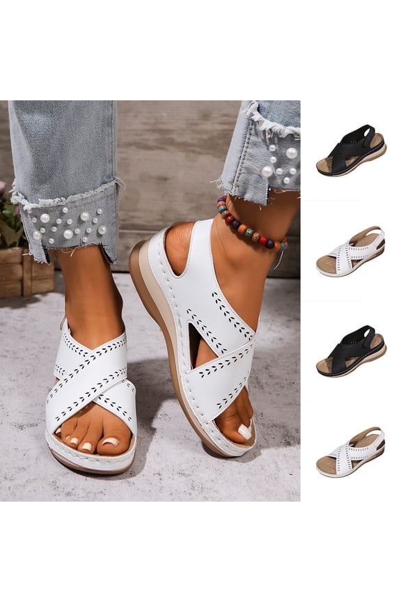 Women's Crisscross Wedge Sandals, Wide Width Open Toe Summer Sandals for Women, Laser Cutout Casual Beach Shoes, Non-Slip Walking Sandals
