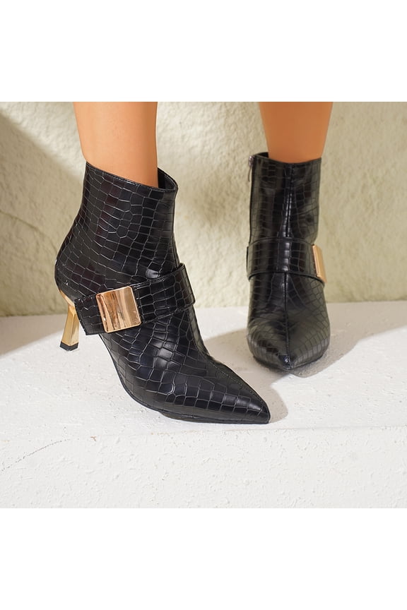 Women's Croc-Embossed Ankle Booties, Gold Stiletto Heel Pointed Toe Dress Boots with Buckle Detail