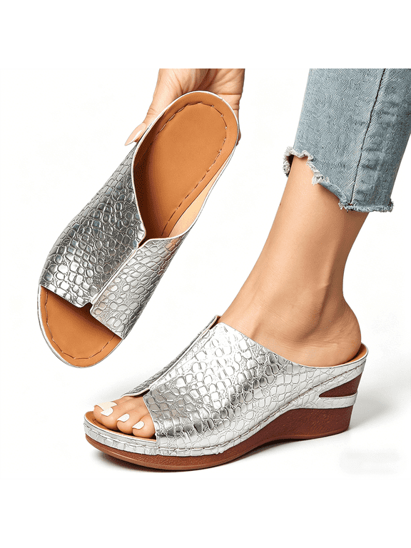 Women's Croc-Embossed Wedge Mule Sandals, Open Toe Slip-On Platform Heels, Metallic Summer Shoes, Women's Sandals, Women's Slippers