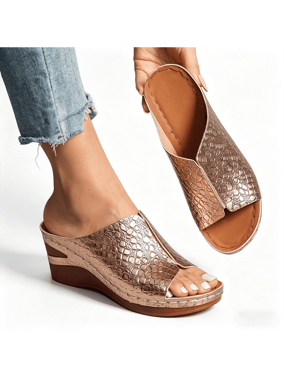 Women's Croc-Embossed Wedge Mule Sandals, Open Toe Slip-On Platform Heels, Metallic Summer Shoes, Women's Sandals, Women's Slippers
