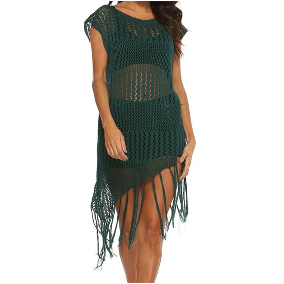 Women's Crochet Bathing Suit Cover Ups Beach Sexy Swim Dress Sleveless Hollow out Fishnet Swimwear Tassel Cover Ups