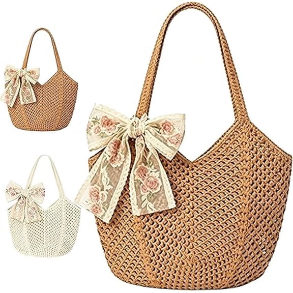 Women's Crochet Beach Bag Purse, Summer Boho Knit Tote, Casual Shoulder Bag for Vacation & Travel(RL Khaki 1 PC)
