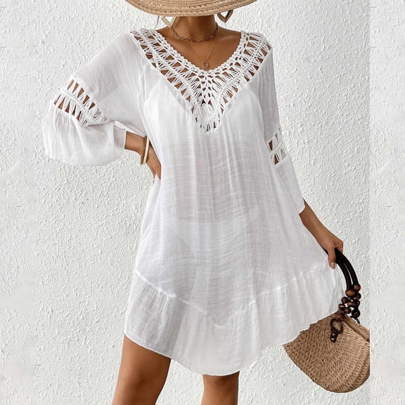 Women's Crochet Beach Bikini Cover Up Dress Sexy Backless V Neck With Fringe Detail Floral Patchwork Vacation Dress Swimsuit Cover Ups Bathing Suit Cover up Women plus Size Womens Pool Cover up Long