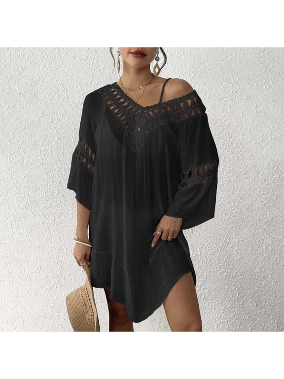 Women's Crochet Beach Bikini Cover Up Dress Sexy Backless V Neck With Fringe Detail Floral Patchwork Vacation Dress Swimsuit Cover Ups Bathing Suit Cover up Women plus Size Womens Pool Cover up Long
