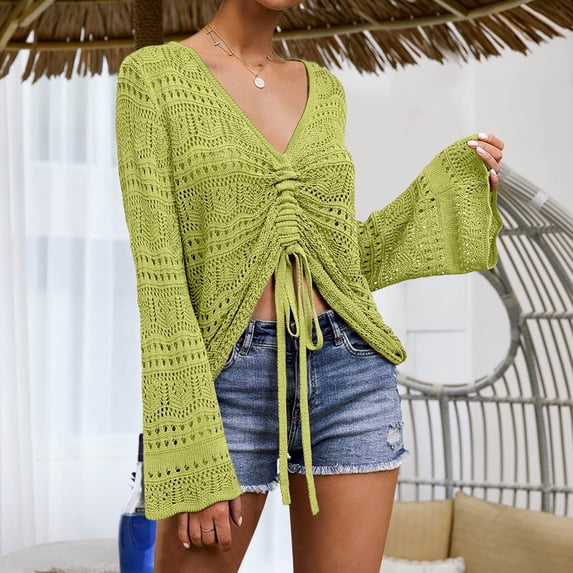 Women's Crochet Beach Cover Up Long Sleeve V Neck Swim Shirt Sheer Knit Bathing Suit Cover Up for Summer Beach Pool Swimwear