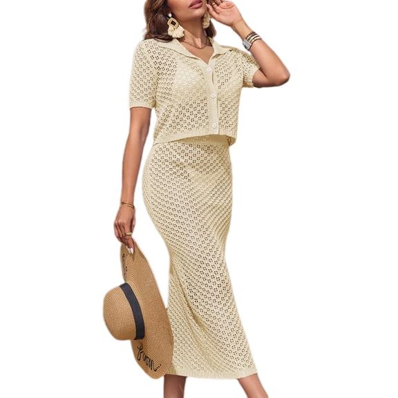 Women's Crochet Beach Cover Up Set with Knit Crop Button Short Sleeve Collar Top and Bodycon Long Skirt 2 Piece Outfits