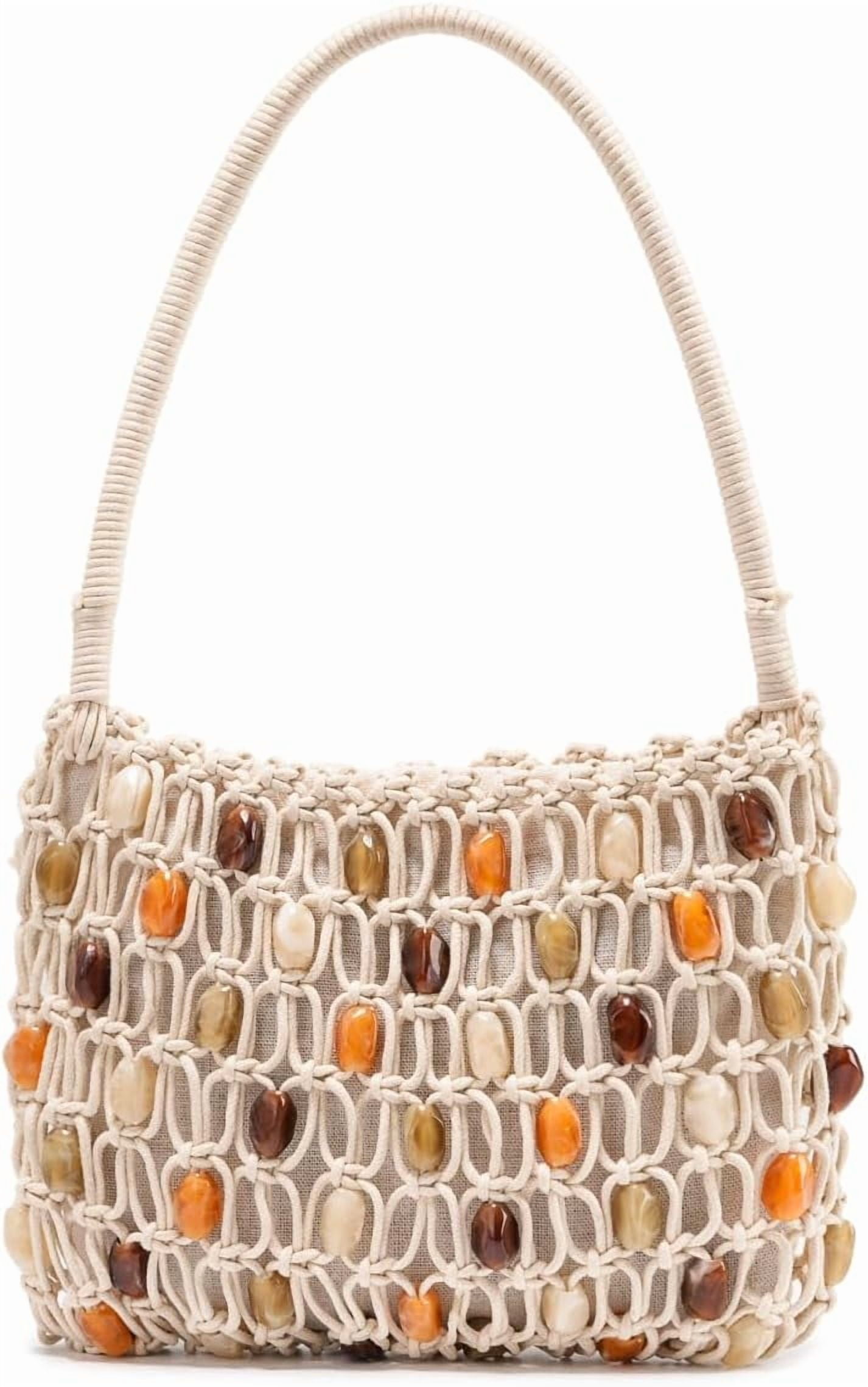 Women’s Crochet Beaded Shoulder Bag Colorful Lightweight Summer Hobo Tote