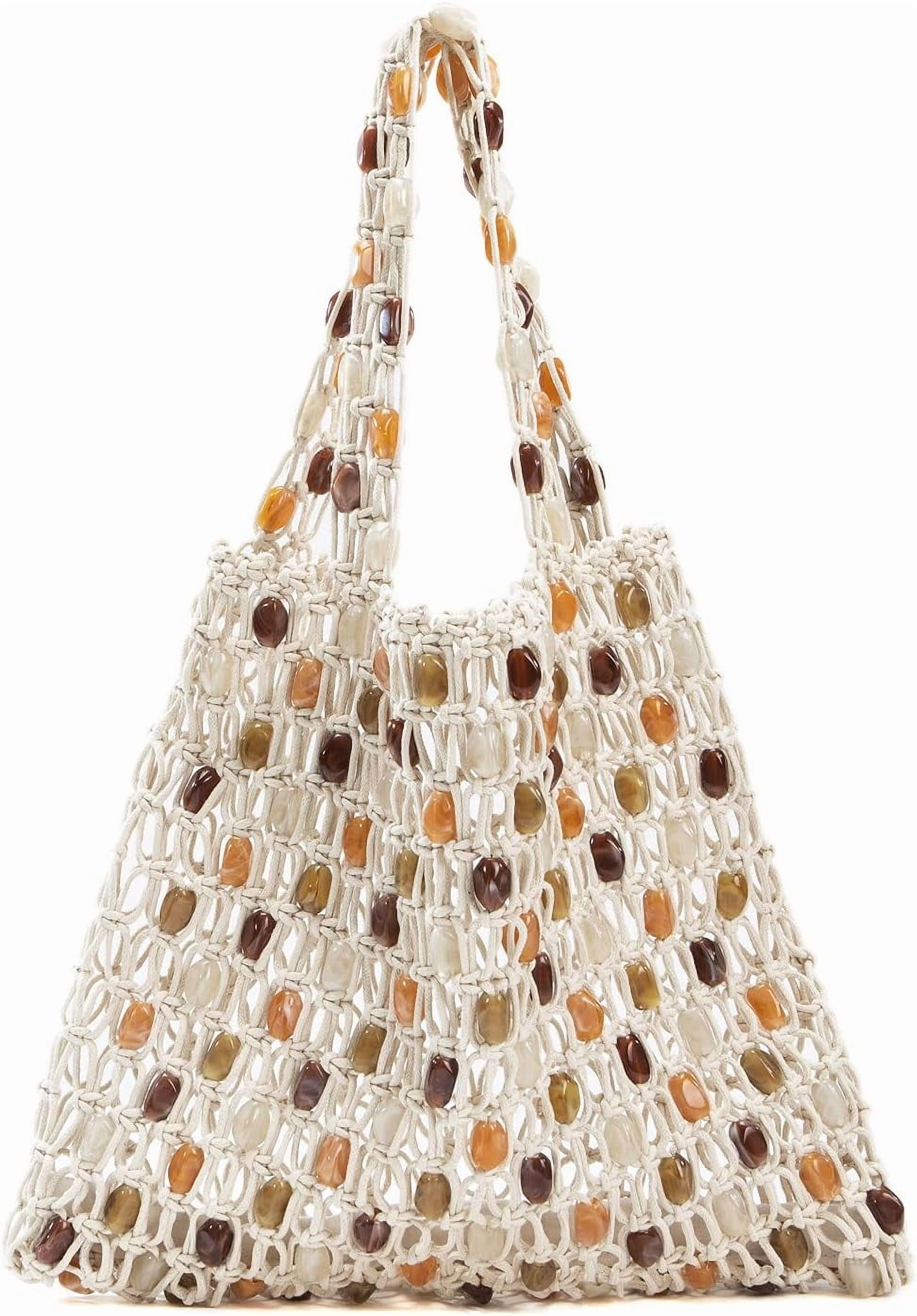 Women’s Crochet Beaded Shoulder Bag Lightweight Summer Tote Handbag