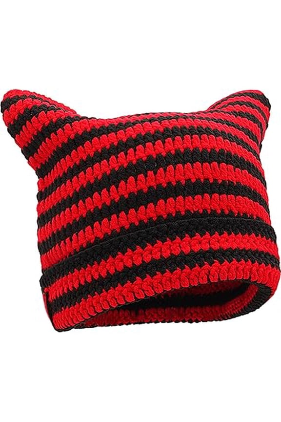 Women's Crochet Beanie, Vintage Cat & Fox Design, Slouchy Style Grunge Accessories(XX-Black red)