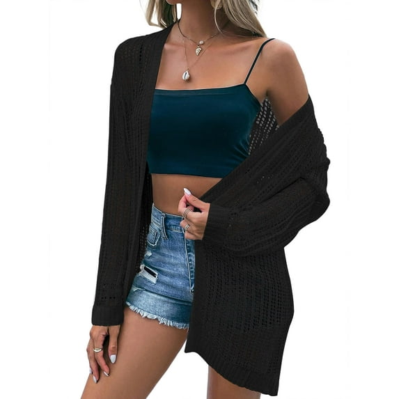 Women's Crochet Bell Sleeve Cropped Cardigan Button Down See Through Lightweight Sweater Knitted Top