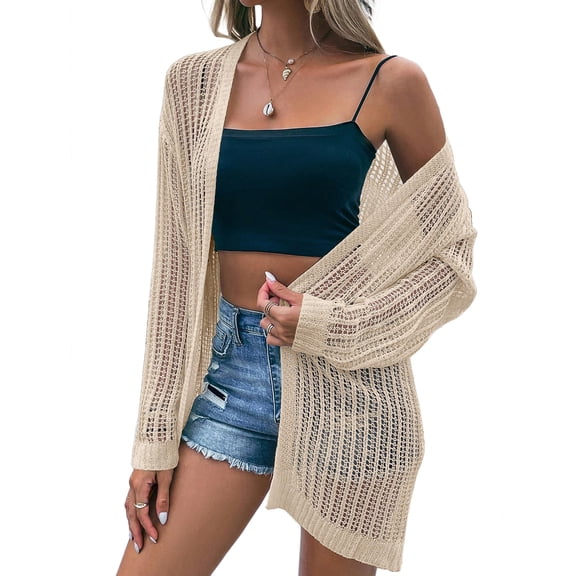 Women's Crochet Bell Sleeve Cropped Cardigan Button Down See Through Lightweight Sweater Knitted Top