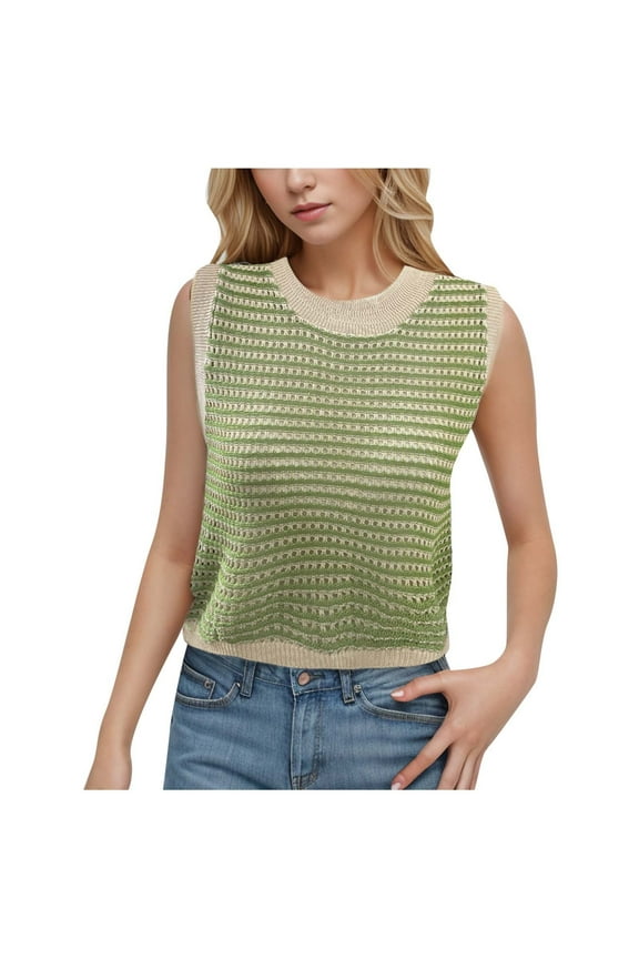 Women's Crochet Boho Tank Top Knit Sweater Vest Hollow Out Sleeveless Summer Cover Up Casual Pullover Neck Top