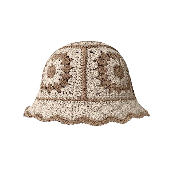 Women's Crochet Bucket Hat, Handmade Knitted Slouchy Beanie, Cute Flower Pattern Winter Hat, Boho Chic Foldable Cap for Fall Winter Outfit-B