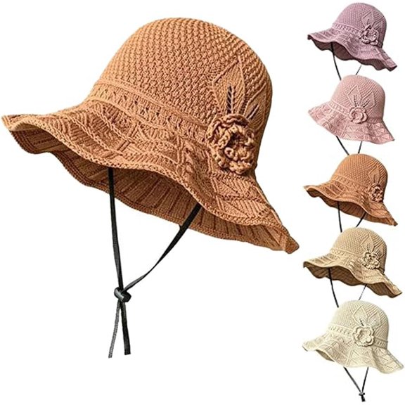 Women's Crochet Bucket Hat with Flower Accent, Foldable Breathable Summer Wide Brim Sun Hat, Lightweight and Adjustable