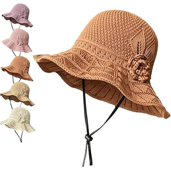 Women's Crochet Bucket Hat with Flower Accent, Wide Brim Hat, Lightweight and Adjustable(B)