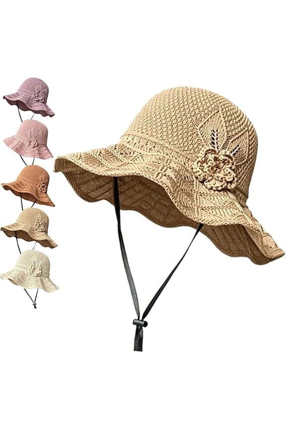 Women's Crochet Bucket Hat with Flower Accent, Wide Brim Hat, Lightweight and Adjustable(C)