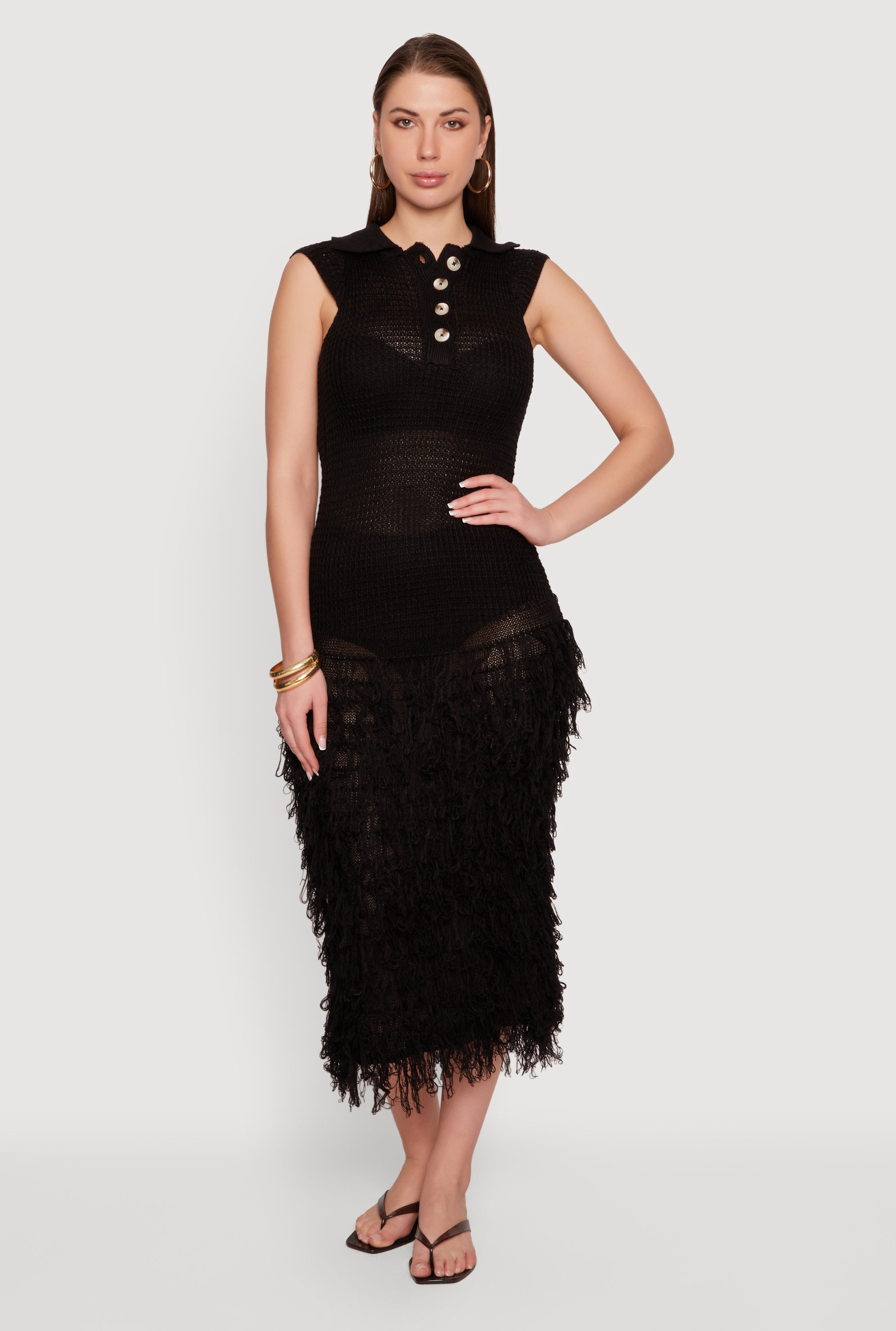 Women's Crochet Button Front Collared Fringe Hem Dress