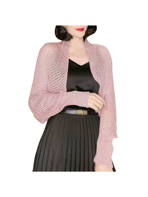 Women's Crochet Cardigan Sweater Long Sleeve Lightweight Hollow-Out Cover Ups Soft Cable Knit Solid Sweater Tops