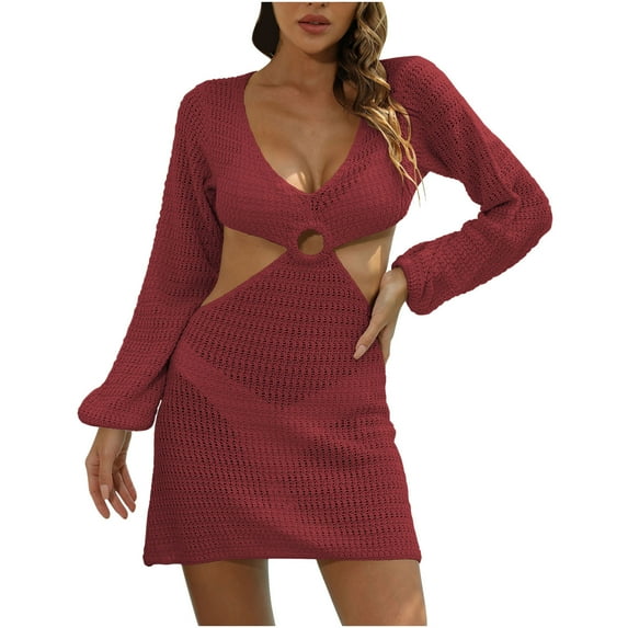 Women's Crochet Cover Up Long Sleeve Knitted Swim Beach Cover Ups Dress Swimwear Cutout Waist Beachwear