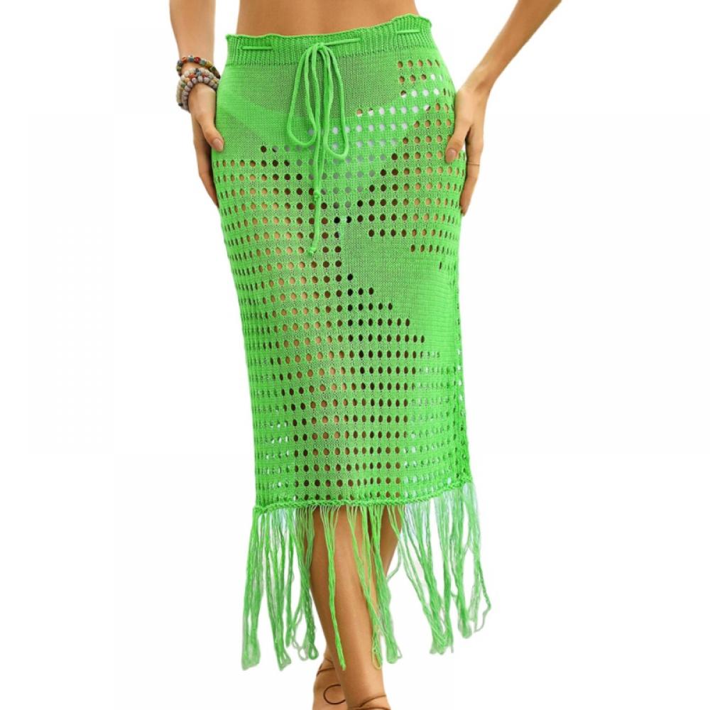 Women's Crochet Cover Up Skirt High Waist Drawstring Hollow Out Beach