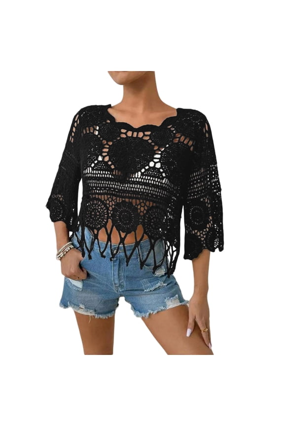 Women's Crochet Cover Up Sweater V Neck Knit Top Hollow Out Fringe Shirt Batwing Sleeve Beach Cover Up Lightweight Summer Top for Women, Black, 2XL