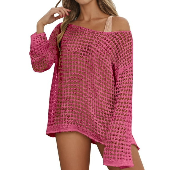 Women's Crochet Cover Ups Off Shoulder Sheer Mesh Long Sleeve Beach Tops Lightweight Quick Dry Relaxed Fit Bathing Suit