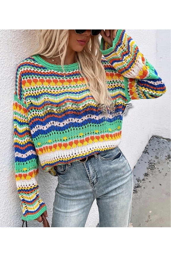 Women' s Crochet Crop Top See Through Hollow Out Sweater Pullover Long Sleeve Knit Color Block Casual Streetwear