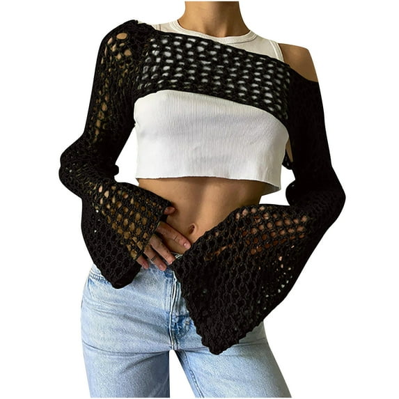 Women's Crochet Crop Tops Summer Mesh Hollow Out Bikini Cover Ups Long Sleeve Short Fashion Streetwear Black M