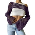 thumbnail image 1 of Women's Crochet Crop Tops Summer Mesh Hollow Out Bikini Cover Ups Long Sleeve Short Fashion Streetwear Purple S, 1 of 4