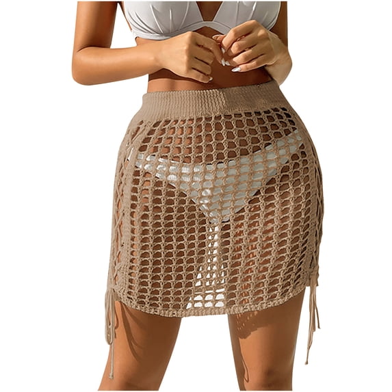 Women's Crochet Cutout Cover Up Short Skirt Elastic High Waist Tassel Tassel Knit Mini Beach Skirt Swimwear Cover Up