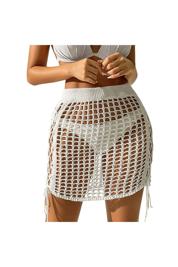 Women's Crochet Cutout Cover Up Short Skirt Elastic High Waist Tassel Tassel Knit Mini Beach Skirt Swimwear Cover Up