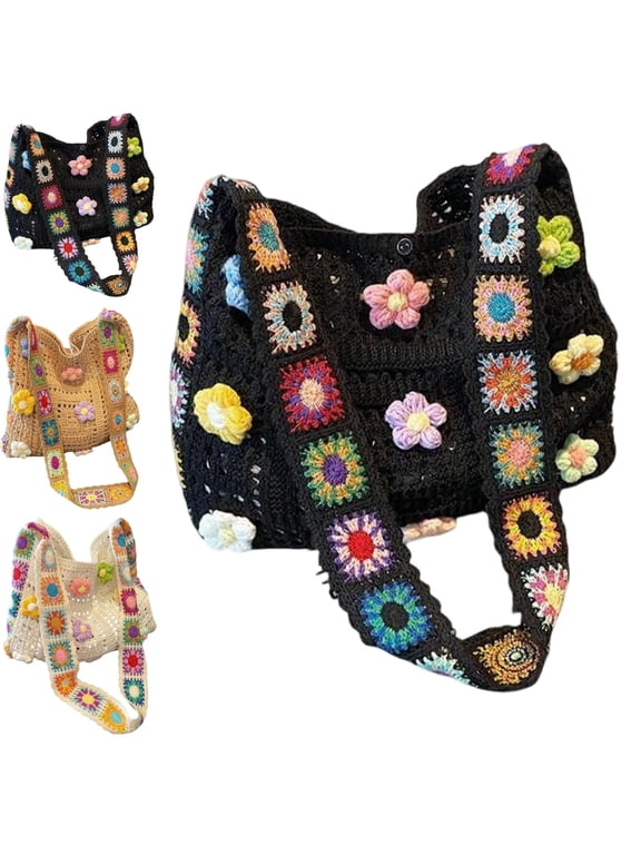 Women’s Crochet Ethnic Shoulder Bag, Women's Boho Embroidery Crossbody Bag, Hollow Out Knit Tote Handbag, Floral Pattern Breathable Shoulder Bag for Women Vacation Outdoor Pool Use,Khaki,Black