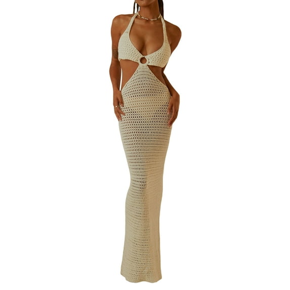 Women's Crochet Hollow Out Long Dress Halter Backless Bandage Mopping Dress Summer Travel Beach Sundress
