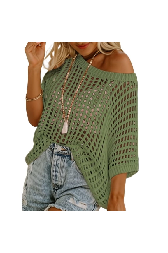 Women's Crochet Hollow Out Sweater, Short Sleeve Scoop Neck Knit Top, Beach Cover Up Pullover Shirt, Summer Casual T Shirt, Loose Fit See Through Top