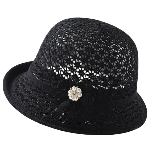 Women's Crochet Knit Cloche Bucket Hat Elegant Floral Pearl Embellished Fisherman Caps Party Church Wedding Sun Hat Black