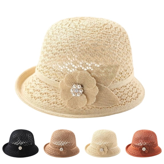 Women's Crochet Knit Cloche Bucket Hat with Pearl Breathable Summer Church Hat