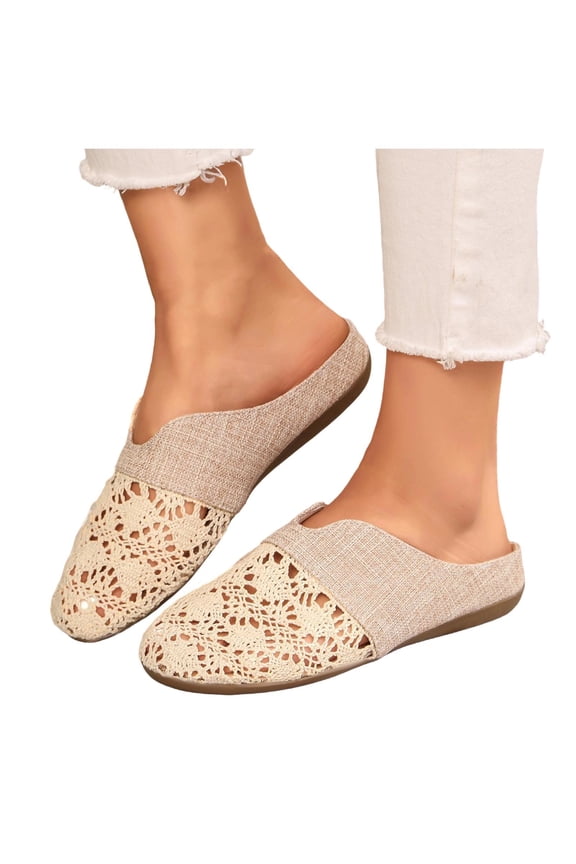 Women's Crochet Knit Mule Slides Breathable Mesh Flat Slippers Shoes Comfortable Lightweight Loafers Casual Closed Toe Slip-On Sandals for Daily & Indoor Wear Beige 6.5