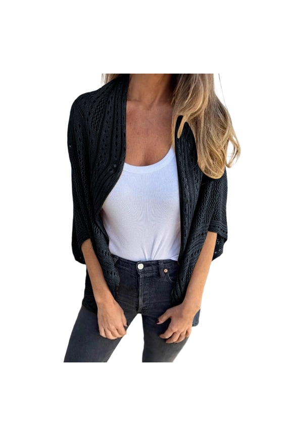 Women's Crochet Knit Open Front Cardigan Shrugs Bolero Batwing 3/4 Sleeve Casual Dressy Coverups Plus Size S-3X (L, Black)