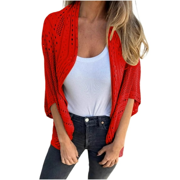 Women's Crochet Knit Open Front Cardigan Shrugs Bolero Batwing 3/4 Sleeve Casual Dressy Coverups Plus Size S-3X (XL, Red)