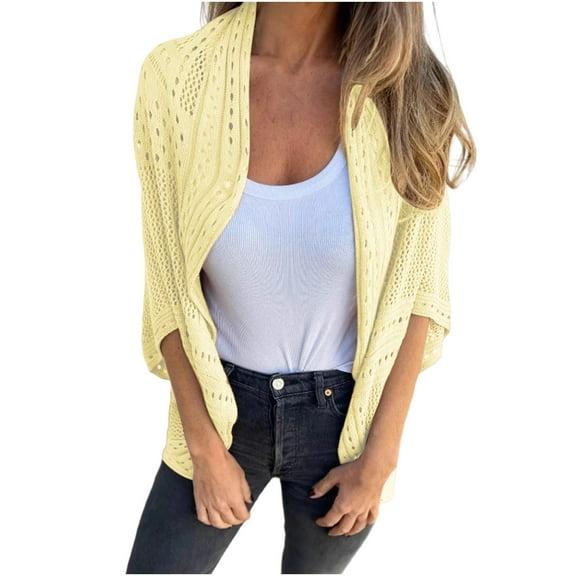 Women's Crochet Knit Open Front Cardigan Shrugs Bolero Batwing 3/4 Sleeve Casual Dressy Coverups Plus Size S-3X (XL, Yellow)