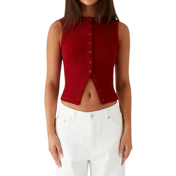Women’s Crochet Knit Vest Top Sleeveless Ribbed Tank Top Vintage Button Down Crop Tops Streetwear