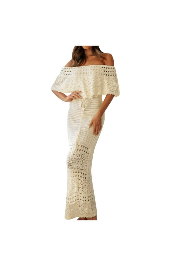 Women's Crochet Knitted Off the Shoulder Dress Hollow Lace Up Elegant Beach Party Cover Up Maxi Long Dresses