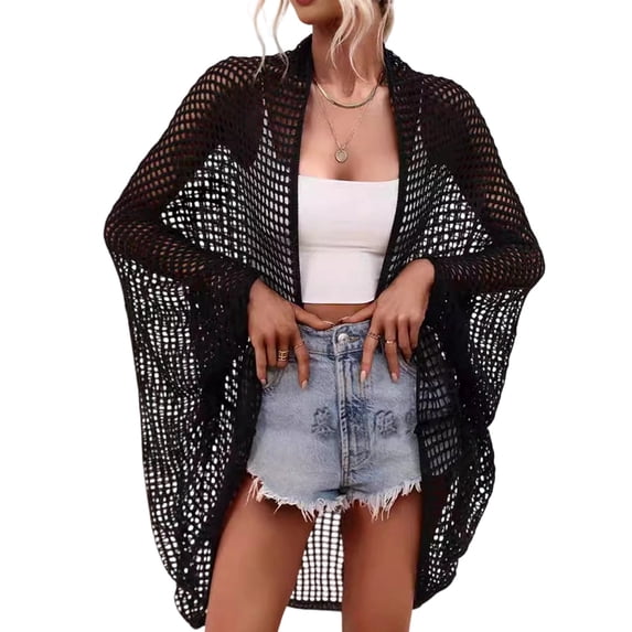 Women's Crochet Long Sleeve Lightweights Cover Open Front Cardigan for Summer Black One size